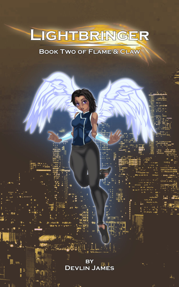 Digital art of the cover for Lightbringer, book two of Flame & Claw, an urban fantasy trilogy set in Seattle, WA, USA. The cover features a slice of the night time city skyline, awash in deep golden hues. Suspended in the center is a winged glowing young woman - Maria Garcia Flores. Her wings are soft white, and her long black hair billows around her on the breeze. She's wearing a sleeveless dark blue tunic with white trim, baggy black pants and flat shoes. She glows with an aura the same soft white as her wings. Emblazoned on the cover is the title, 'Lightbringer' subtitle 'Book Two of Flame & Claw' and 'by Devlin James'.