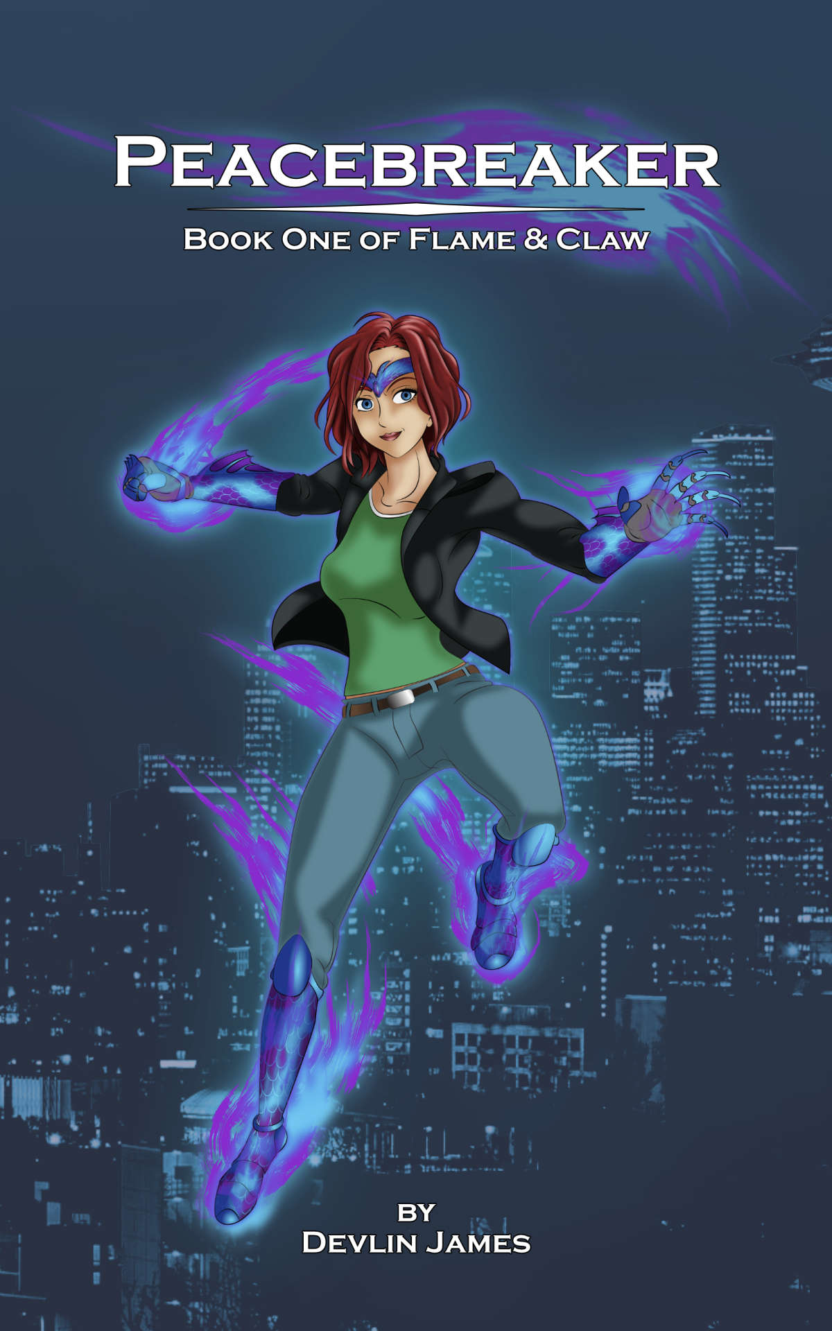 Digital art of the cover for Peacebreaker, book one of Flame & Claw, an urban fantasy trilogy set in Seattle, WA, USA. The cover features a slice of the night time city skyline, awash in deep blue hues. Suspended as if by magic in the center is a young woman - Sara Osborn- wearing a black leather jacket, blue jeans and t-shirt, as well as come mottled cyan and purple bits of scaled armor, at her forehead, forearms, and lower legs. The armor is is covered in blue and purple fire. Emblazoned on the cover is the title, 'Peacebreaker' subtitle 'Book One of Flame & Claw' and 'by Devlin James'.