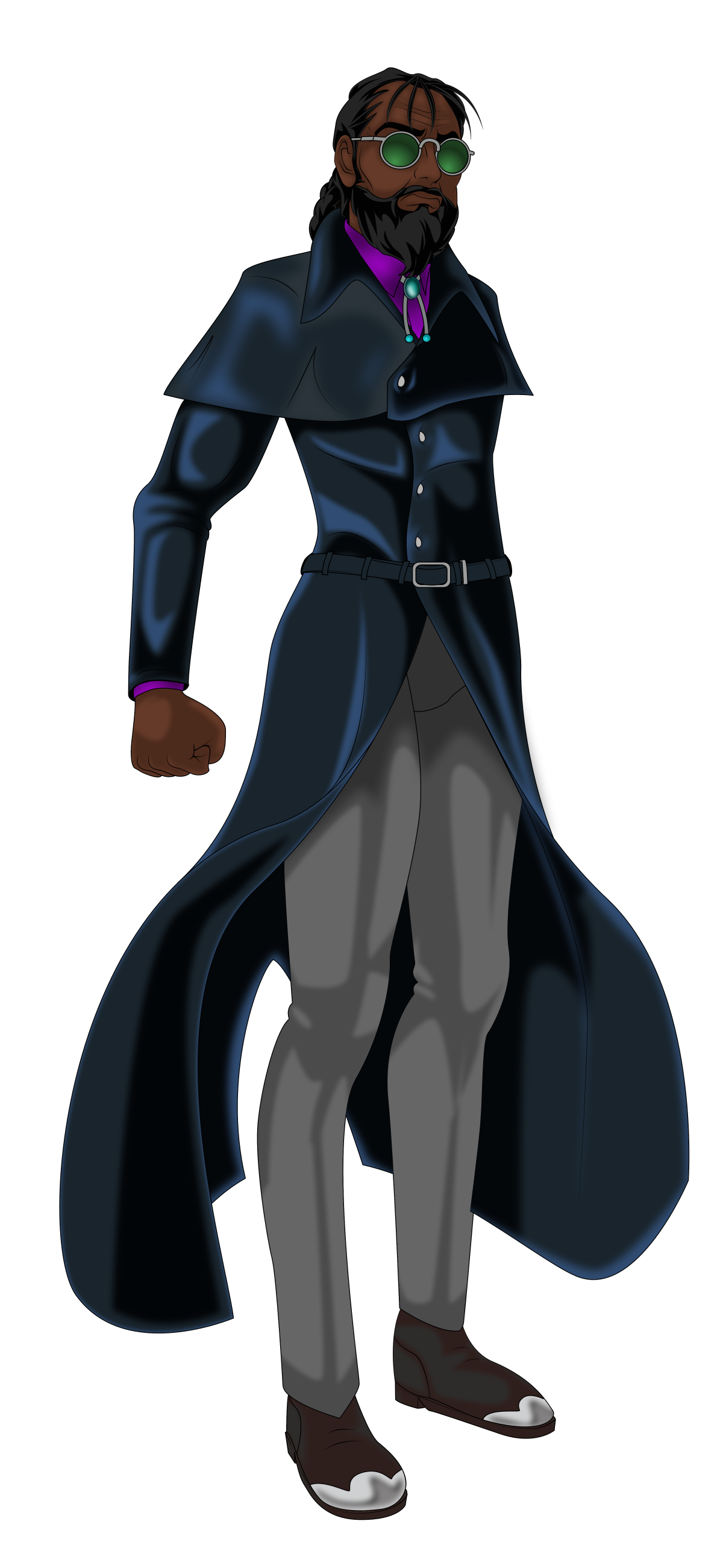 Rock in his usual outfit, a long tailed leather duster