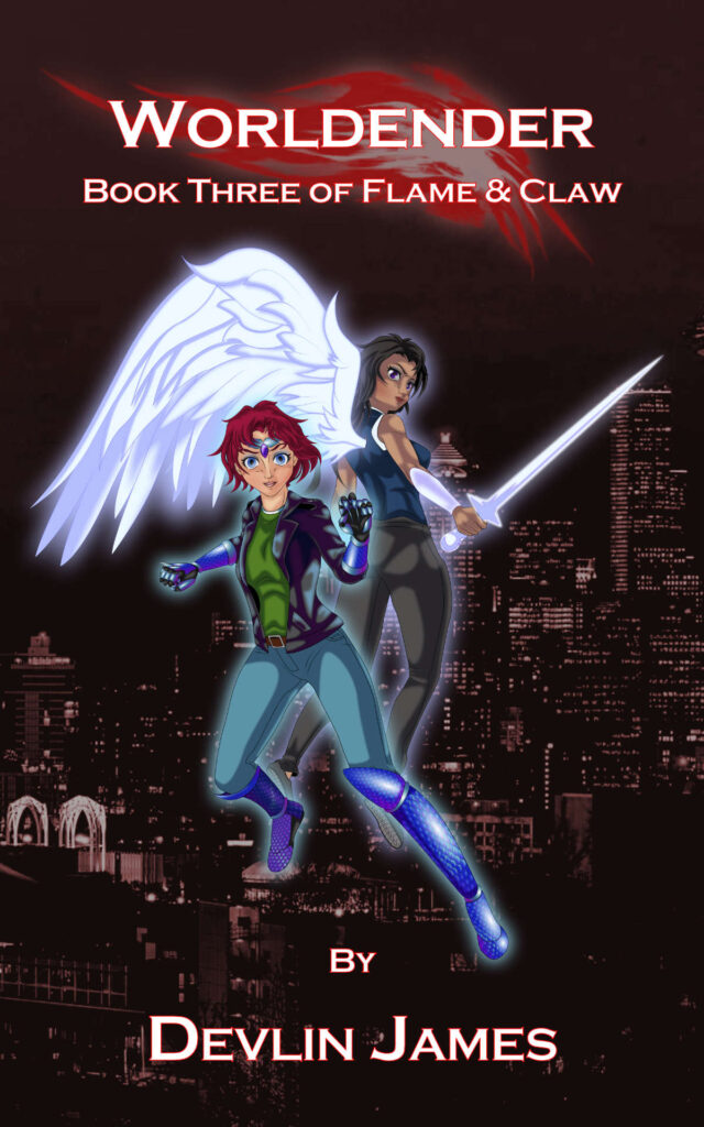 Digital art of the cover for Worldender, book three of Flame & Claw, an urban fantasy trilogy set in Seattle, WA, USA. The cover features a slice of the night time city skyline, awash in deep golden hues. Suspended in the center is a pair of young women - Sara Osborn and Maria Garcia Flores. Maria has a pair of soft white wings, and her long black hair behind her on the breeze. She's wearing a sleeveless dark blue tunic with white trim, baggy black pants and flat shoes. She glows with an aura the same soft white as her wings. She holds a glowing white sword in her right hand. Sara is crouched low in a fighting stance and is wearing a black leather jacket, blue jeans and t-shirt, as well as come mottled cyan and purple bits of scaled armor, at her forehead, forearms, and lower legs. The armor is is covered in blue and purple fire. She is glowing a brilliant blue. Emblazoned on the cover is the title, 'Worldender' subtitle 'Book Three of Flame & Claw' and 'by Devlin James'.